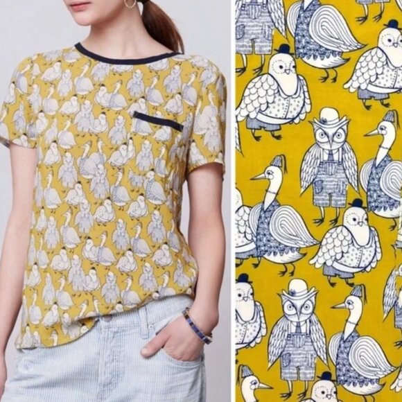 Maeva Anthropologie sz 2 blouse cute owls print yellow cap sleeve 100% Rayon - Picture 1 of 6